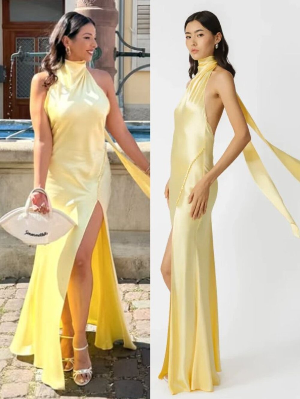 Sau Lee Penelope Maxi Gown Popcorn Yellow Satin‎ Backless Halter Size 12